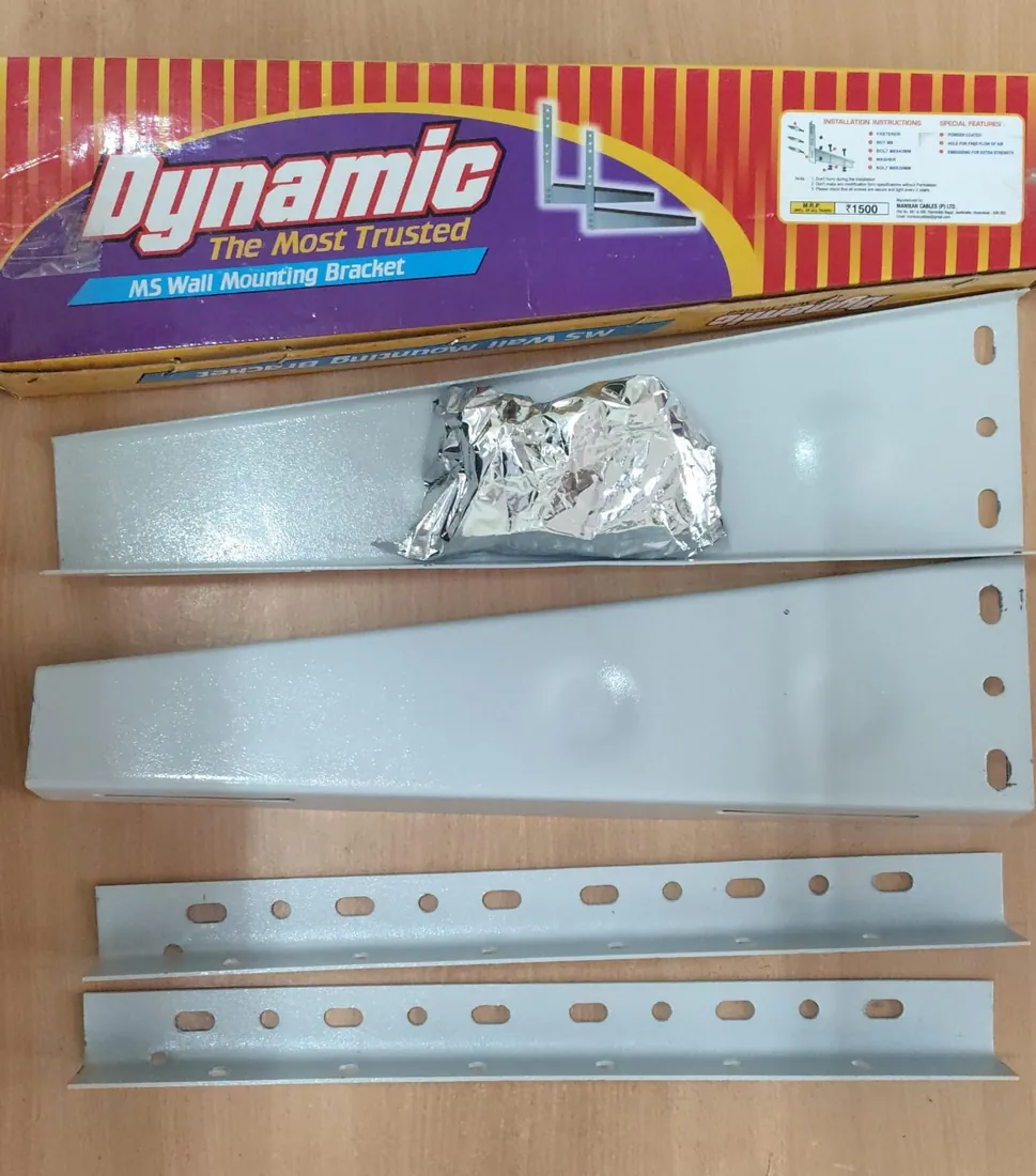 Dynamic AC outdoor unit bracket parts laid out below the box