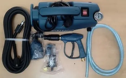 Stallion high-pressure washer with hose, spray gun and fittings laid out